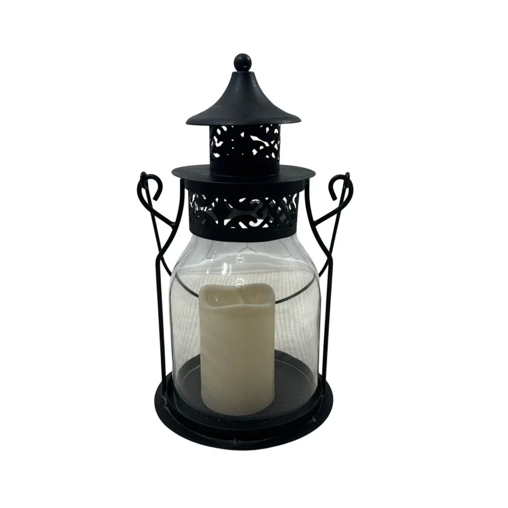 Black‎ Metal Glass Hurricane Lantern with LED Flameless Candle 13.5 Inch